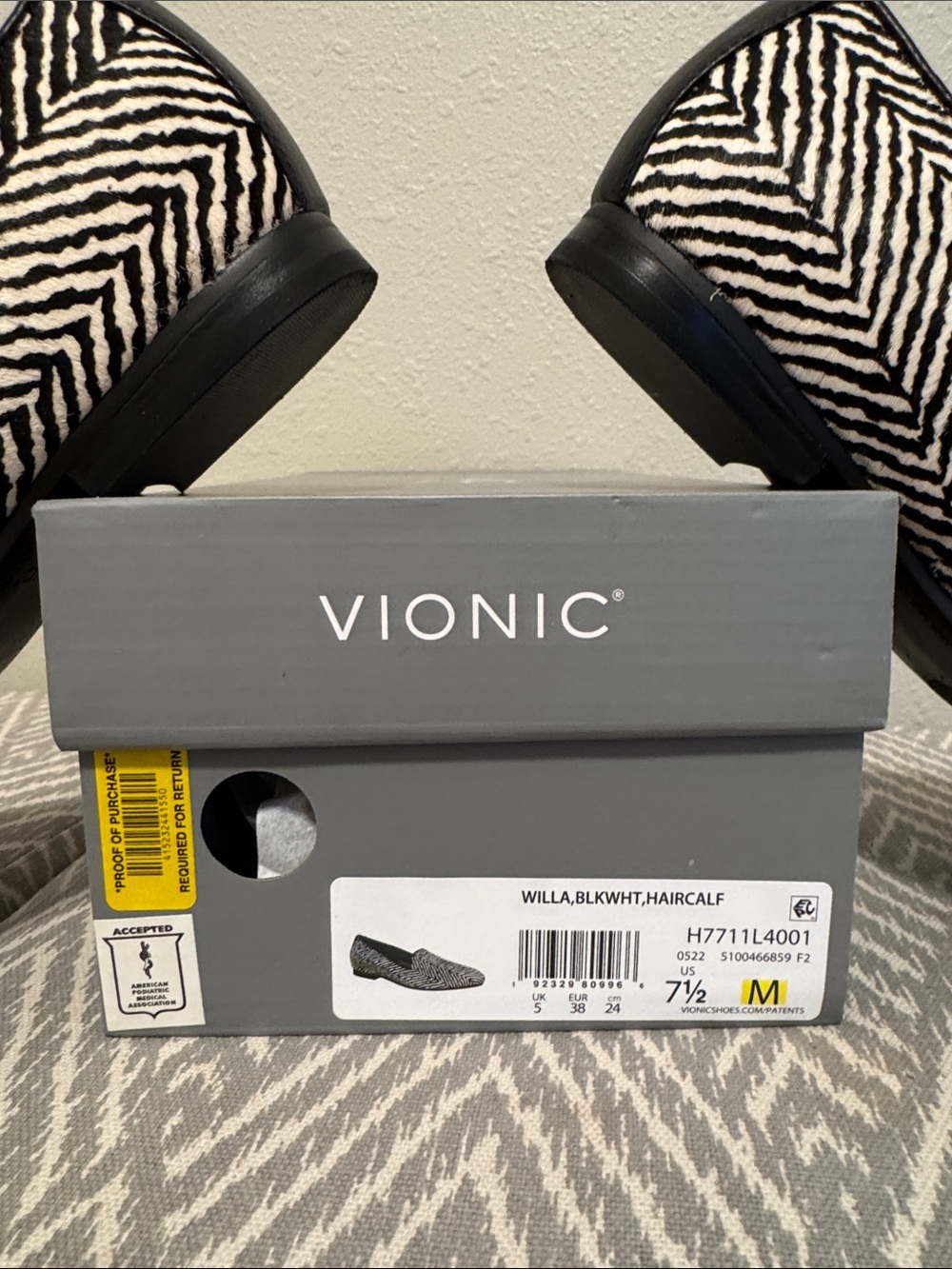 Vionic Willa Zebra-Print Haircalf Flats in Black and White